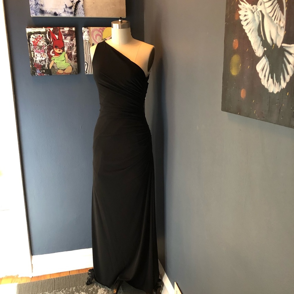 Laundry Womens Blue One Shoulder Jersey Beaded Side Slit Gown Dress Size 4 $390